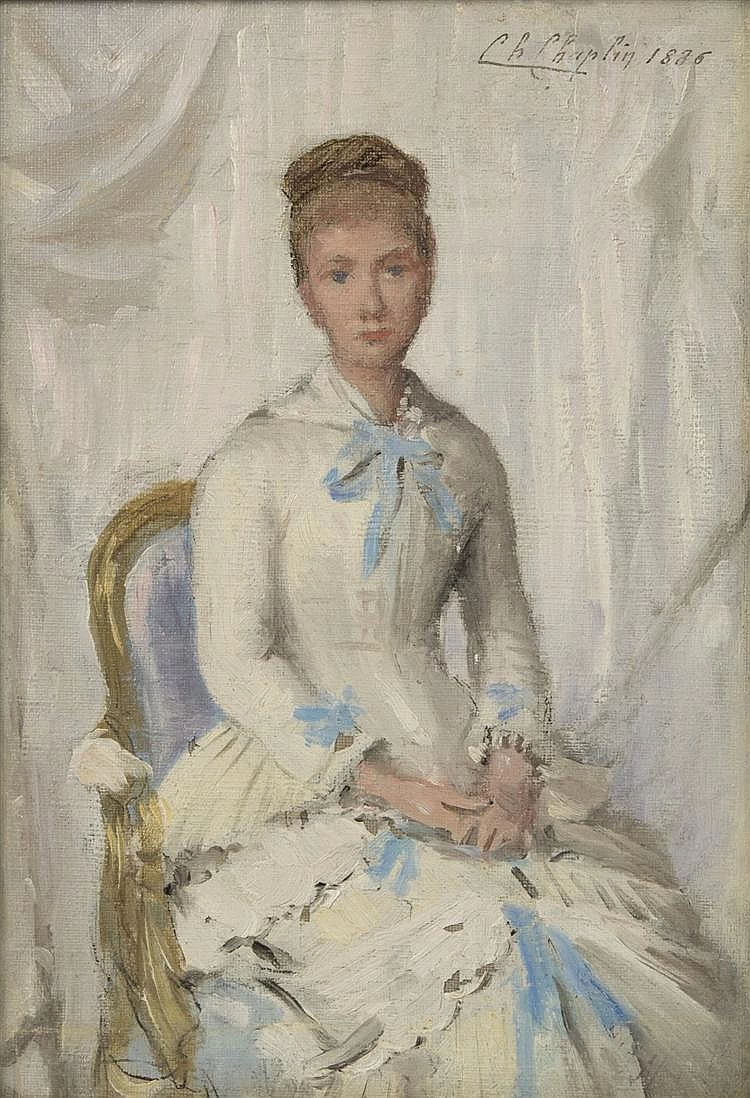 Charles Joshua Chaplin - Ritratto di donna in bianco con bordure blu, 1886